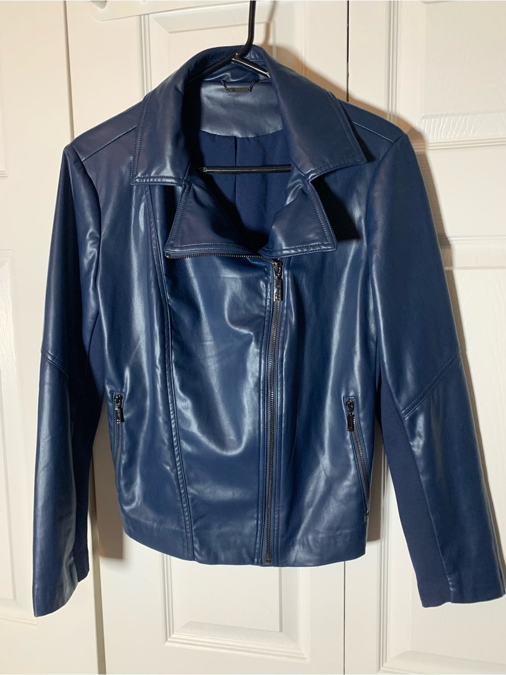Chico's navy faux leather moto jacket S size 1